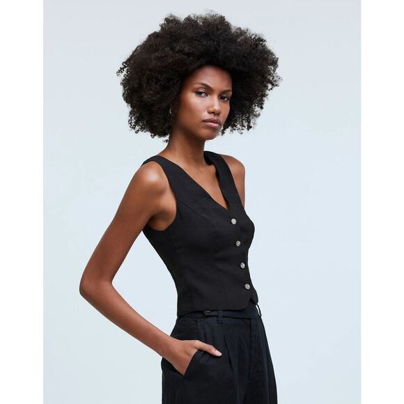 Madewell Katrina Vest Crop Top Softdrape V-Neck Button Front True Black NWT 0 - Picture 4 of 11